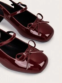 Burgundy Patent Leather Bow Decor Strap Chunky Heel Sandals, Suitable For Banquet, Casual & Holiday - Burgundy - View 5