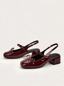 Burgundy Patent Leather Bow Decor Strap Chunky Heel Sandals, Suitable For Banquet, Casual & Holiday - Burgundy - View 3
