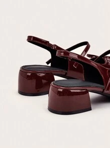 Burgundy Patent Leather Bow Decor Strap Chunky Heel Sandals, Suitable For Banquet, Casual & Holiday - Burgundy - View 4