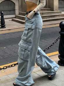 Y2K Streetwear Multi-Pocket Cotton Straight Leg Heavy Industry Cargo Jeans Loose Wide-Leg Denim Pants Music Festival