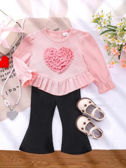 2pcs Baby/Toddler Girls Chic Heart Pattern Ruffle Blouse & Flared Pants Set, Spring/Autumn