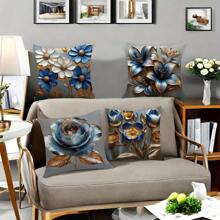 4 件现代花卉 3D 印花靠垫套套装，17.72 英寸方形，可洗拉链涤纶编织枕套，适用于客厅和卧室沙发的家居装饰，无内衬 - 彩色 - 查看 9