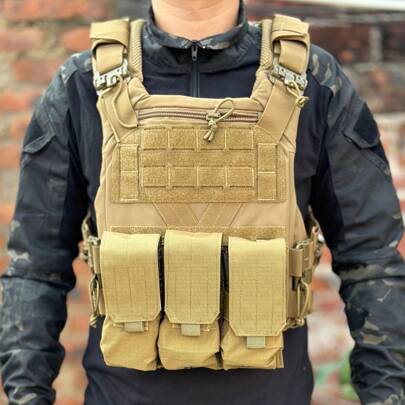 1 Pc Molle Triple Magazine Pouch - Outdoor M4 Triple Ammo Pouch Vest Accessory Bag, Polyester Blend Fabric With Buckle Closure