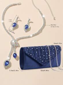 Bolsa de Mão/Ombro Elegante com Decoração de Strass para Festa, com Alça de Corrente + Conjunto de Brincos e Colar com Pingente de Coração de Strass, Presente Perfeito para o Dia dos Namorados para Ela, Melhor Opção de Presente de Dia dos Namorados