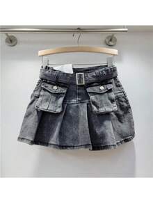 Women Pleated Denim Mini Skirt With Belted Waist And Utility Pockets – Edgy And Casual Wear-Black Mini Skirt