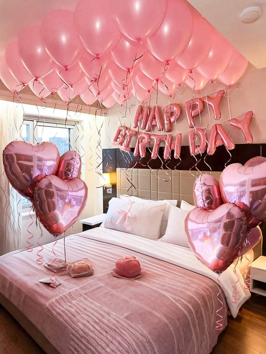 49 个气球和 400 个人造花瓣 - 16 英寸粉色生日快乐字母气球和粉色乳胶气球套装，粉色心形气球，银色气球，生日快乐英文字母铝箔气球，适合生日派对、男女派对装饰、浪漫惊喜派对气球 - 彩色 - 查看 1