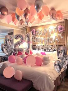 49 个气球和 400 个人造花瓣 - 16 英寸粉色生日快乐字母气球和粉色乳胶气球套装，粉色心形气球，银色气球，生日快乐英文字母铝箔气球，适合生日派对、男女派对装饰、浪漫惊喜派对气球 - 彩色 - 查看 3
