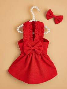 Pet Clothes With Hair Clip, Recommended To Choose One Size Up, Suitable For Small Dogs, Red Corduroy Dress With Bowknot