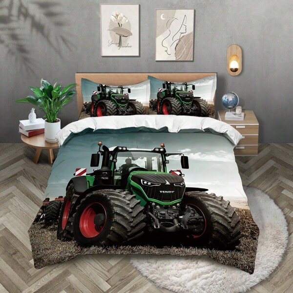 Set de ropa de cama de 3 piezas con estampado 3D de maquinaria agrícola y tractores en estilo rústico, que incluye 1 funda nórdica + 2 fundas de almohada, sin relleno. Suave, confortable y cálido, apto para todas las estaciones. Puede lavarse a máquina.