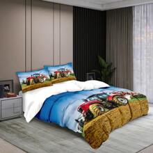 Set de ropa de cama de 3 piezas con estampado 3D de maquinaria agrícola y tractores en estilo rústico, que incluye 1 funda nórdica + 2 fundas de almohada, sin relleno. Suave, confortable y cálido, apto para todas las estaciones. Puede lavarse a máquina.