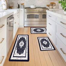 1/2pcs Bohemian Theme Kitchen Carpet Set - Deep Blue Stripes, Floral Design, Non-Slip, Machine Washable, Soft Polyester For Bathroom, Hallway, Bedside - Perfect Home Decor & Gift - Multicolor - View 4