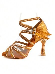 Salsa Latin Dance Shoes 7.5cm Stable High Heel Suede Sole Indoor Women Satin Dance Shoes With Soft Comfortable Insole - Bronze - View 11