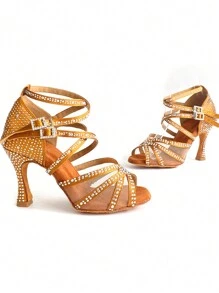 Salsa Latin Dance Shoes 7.5cm Stable High Heel Suede Sole Indoor Women Satin Dance Shoes With Soft Comfortable Insole - Bronze - View 9
