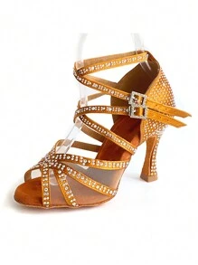 Salsa Latin Dance Shoes 7.5cm Stable High Heel Suede Sole Indoor Women Satin Dance Shoes With Soft Comfortable Insole - Bronze - View 2