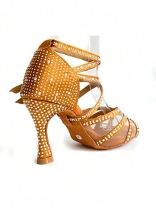 Salsa Latin Dance Shoes 7.5cm Stable High Heel Suede Sole Indoor Women Satin Dance Shoes With Soft Comfortable Insole - Bronze - View 10