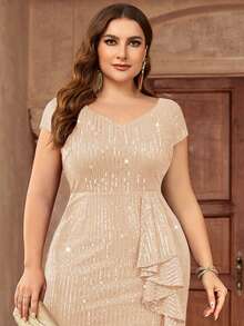 Plus Sweetheart Full Sequin Ruffle Trim Split Evening Party Long Dress, Formal Gown, Wedding Guest Dress, For Prom, Birthday, Graduation, Dinner - Champagne - View 8