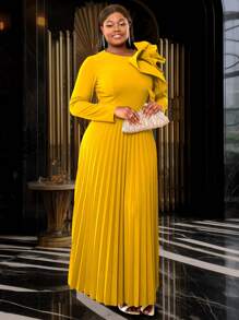 Plus Size Solid Color Floral Fitted Long Sleeve Pleated Dress Elegant - Yellow - View 2