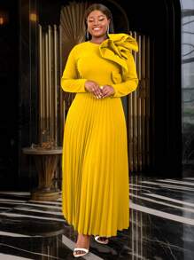 Plus Size Solid Color Floral Fitted Long Sleeve Pleated Dress Elegant - Yellow - View 4