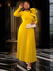 Plus Size Solid Color Floral Fitted Long Sleeve Pleated Dress Elegant - Yellow - View 7