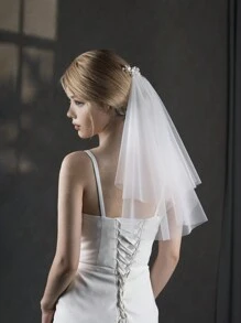 1pc Elegant Bridal Wedding Headpiece With 3D Floral Veil And Hair Comb, Romantic Short Double-Layer Veil, Valentine's Day Hair Accessory - 彩色 - 查看 4