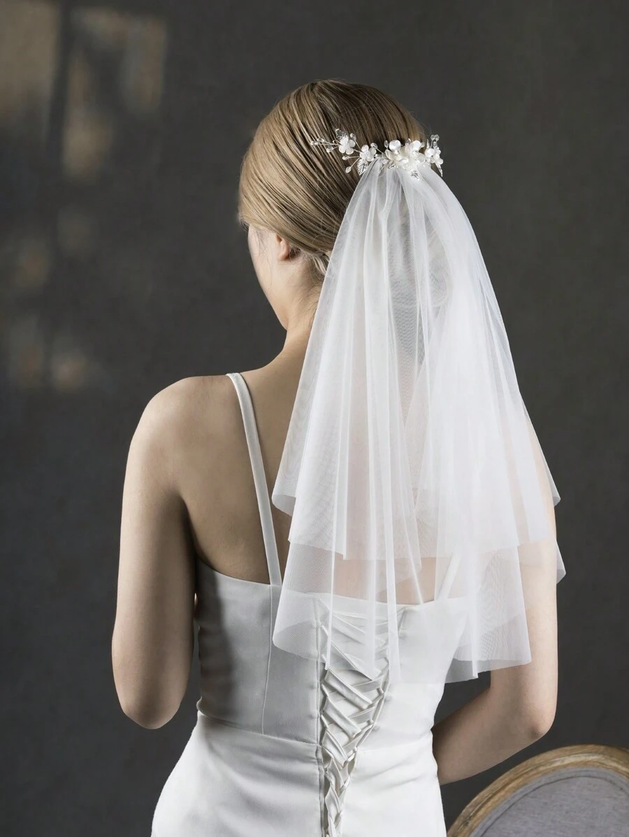 1pc Elegant Bridal Wedding Headpiece With 3D Floral Veil And Hair Comb, Romantic Short Double-Layer Veil, Valentine's Day Hair Accessory - 彩色 - 查看 1