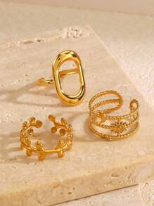 3pcs Stainless Steel 18K Gold Plated Geometric Ellipse, Tree Leaf, Star & Moon Design Rings, Premium Jewelry Suitable For Women Daily Wear - Yellow Gold - View 5