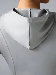 女士合身连帽运动夹克，弹性拇指孔拉链瑜伽健身外套 - 灰色 - 查看 8