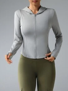 女士合身连帽运动夹克，弹性拇指孔拉链瑜伽健身外套 - 灰色 - 查看 4