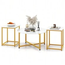 Homasis Round Nesting Table Set Of 3 Modern / Farmhouse Coffee Table W/2 End Tables - White and Gold - View 1