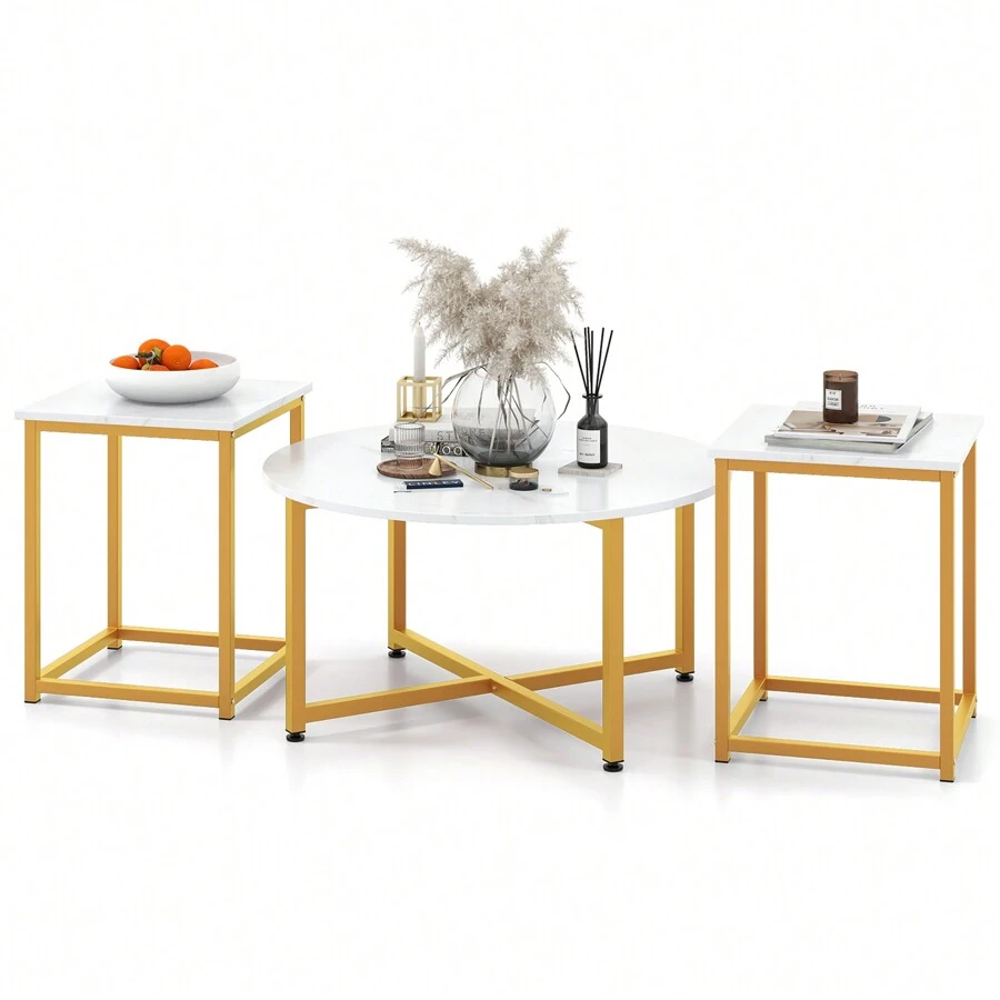 Homasis Round Nesting Table Set Of 3 Modern / Farmhouse Coffee Table W/2 End Tables - White and Gold - View 1