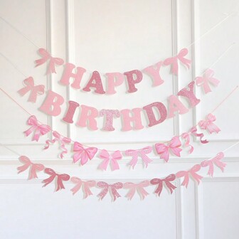 1 Pieza Bandera de fiesta de cumpleaños con lazo rosa, Feliz cumpleaños pancartas rosas con lazo coqueto para decoración de fiesta de despedida de soltera, hogar, dormitorio, sala de estar, boda, exterior