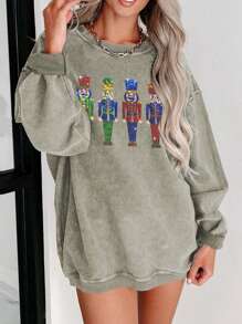 Women's Spring Autumn Loose Sweatshirt Long Sleeve Round Neck Sequins Cartoon Character Pullover - Grey - View 2