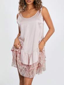 Women's Summer Sleevelesss Dress Lace Patchwork Deep U-Neck Backless Mini Loose Dress - Berwarna merah muda - View 3
