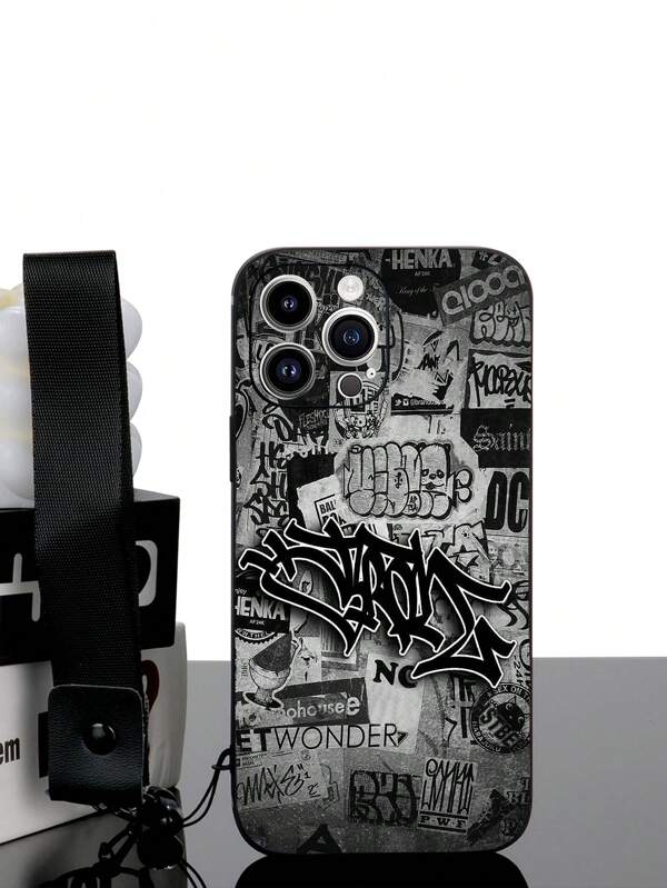 1pc Black TPU Graffiti Text Pattern Shockproof Phone Case And 1pc Black Lanyard Compatible With Phone Cases Compatible With Iphone 16 Pro Max, A14, A54, A52, A31 4G, A23, Redmi Note 8 Pro, 11 Pro 4G, 12 4G, OPPO A54