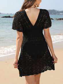 Women's Bikini Cover Ups Short Sleeve Deep V Neck Solid Color Swimsuit Cover Up Summer Mini Dress - Black - View 7