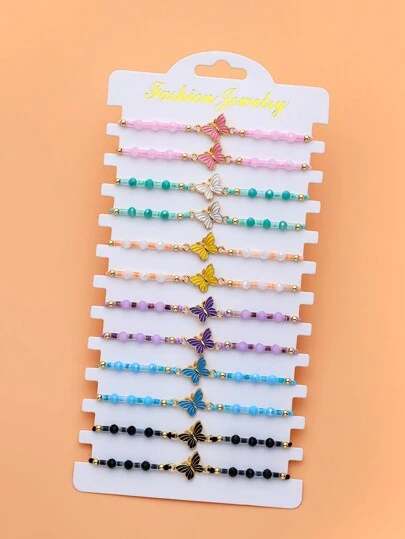 LORRILIA 12pcs Pack Light Color Girly Butterfly Bright Glitter Handmade Braided Crystal Bracelet Girlfriends Pair Charms Bracelet Family Sharing Set