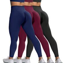Set de 3 bucăți pentru femei, cu ridicare la fund, jambiere de compresie fără sudură, pantaloni de yoga sport cu talie înaltă