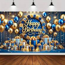 1pc Birthday Banner, "Happy Birthday" 3D Gold Text + Blue & Gold Balloon Gift Pattern, 70.87*43.31 Inches Blue Background, Decoration, Photography Prop - 1 - View 1