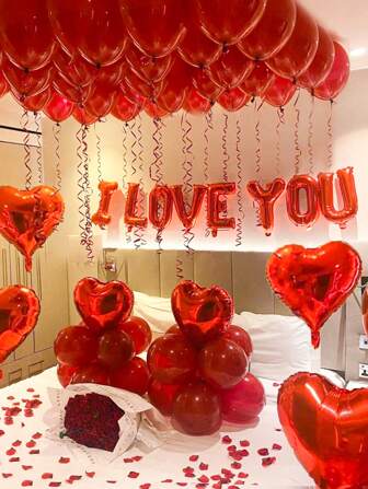 10/44 个气球和 200 个假玫瑰花瓣，我爱你心形气球套装，我爱你字母气球，带人造玫瑰花瓣的心形气球，适用于情人节派对装饰、周年纪念、求婚、婚礼、浪漫装饰、特别之夜、2025 年、新年、情人节房间装饰用品返校情人节