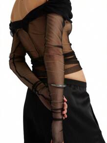 Women Crop Shirt, Long Sleeves Off Shoulder Pleated Solid Color Casual Party Street Summer Tops - 黑色 - 查看 3