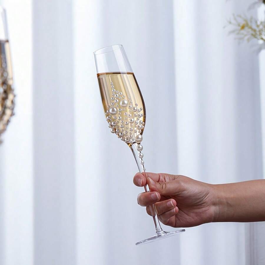 优雅的仿珍珠装饰香槟杯 - 无铅玻璃，蚀刻图案，带柄，隔热，可重复使用，可手洗 - 非常适合家庭烘烤和冷藏饮料、情人节礼物、派对、生日装饰、户外、露营、父亲礼物