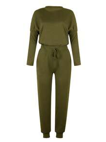 Women Tracksuits, Casual Sportswear Set Solid Color Long Sleeve O-Neck Pullover+Drawstring Trousers Lady Spring Tracksuit Outfit - Army Green - View 2