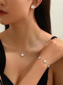 1Set 925 Sterling Silver Five Leaf Flower Lucky Bracelet Necklace & Earring Set, Gift For Women Daily Wear Holiday Gift Original Designed Glamorous Retro Party Fine Jewelry Valentines - Flower Set - View 6