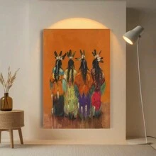 Four Native American Women In Bright Dresses, Canvas  Art, Arts & Crafts-Framed, Material: Canvas