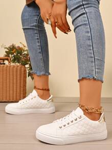 1 Pair Women Lace-Up Small White Sneakers, Versatile Fashion Casual Soft Sole Flat Shoes, Black, Suitable For Spring And Autumn