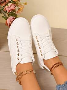 1 Pair Women Lace-Up Small White Sneakers, Versatile Fashion Casual Soft Sole Flat Shoes, Black, Suitable For Spring And Autumn