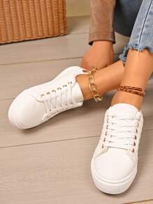 1 Pair Women Lace-Up Small White Sneakers, Versatile Fashion Casual Soft Sole Flat Shoes, Black, Suitable For Spring And Autumn