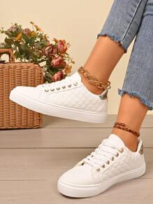 1 Pair Women Lace-Up Small White Sneakers, Versatile Fashion Casual Soft Sole Flat Shoes, Black, Suitable For Spring And Autumn