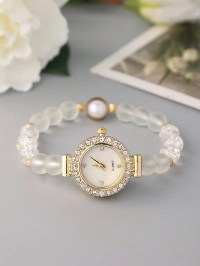 Women's Fashionable Crystal Transparent Pearl Bracelet Watch, Cute Round Dial Rhinestone Pearl Gemstone Strap Quartz Watch, Metal Jewelry Watch