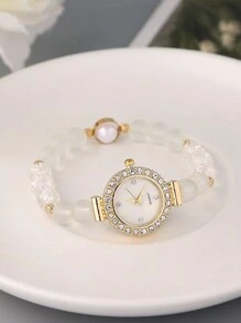 Relógio de Pulseira de Cristal Transparente e Pérola da Moda Feminina, Relógio de Quartzo com Mostrador Redondo Fofo, Pulseira de Strass, Pérola e Gema, Joias de Metal